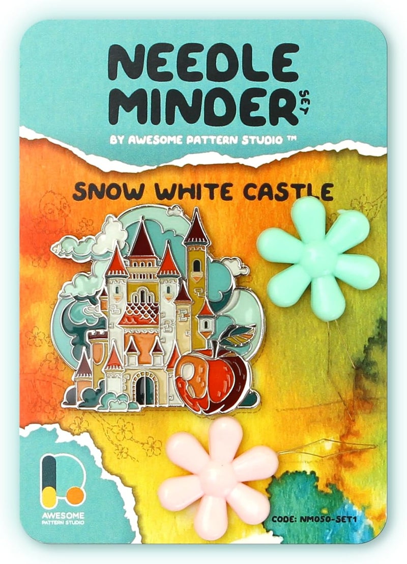 Awesome Pattern Studio Needle Minder Set - Snow White Castle Magnetic Needle Minder + 2 Needle Threaders. Enamel Pin for Cross Stitch, Embroidery and Craft - Image 1